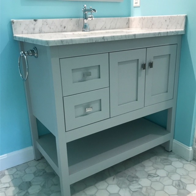 Inspiration for a medium sized classic bathroom in Boston with shaker cabinets, grey cabinets, an alcove shower, a two-piece toilet, grey tiles, ceramic tiles, green walls, marble flooring, a submerged sink, marble worktops, grey floors and a hinged door.