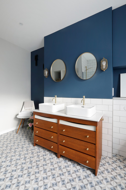 Coastal Bliss: Blue Bathroom Ideas with a Wood Washstand and White Subway Tile