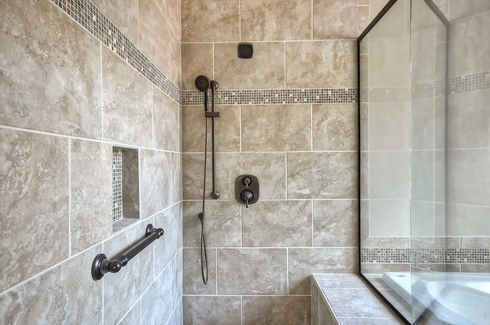 Large tuscan master corner shower photo in Other