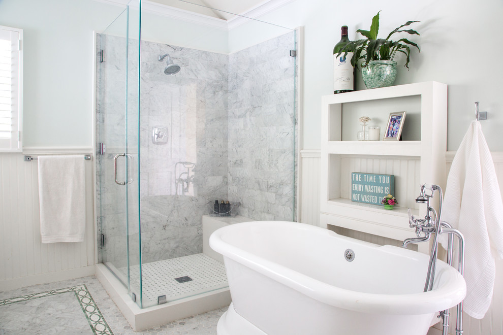Bathroom - traditional master gray tile, white tile and subway tile bathroom idea in Los Angeles with blue walls