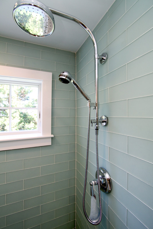 Small beach style 3/4 blue tile and subway tile alcove shower photo in Boston with white walls and a pedestal sink