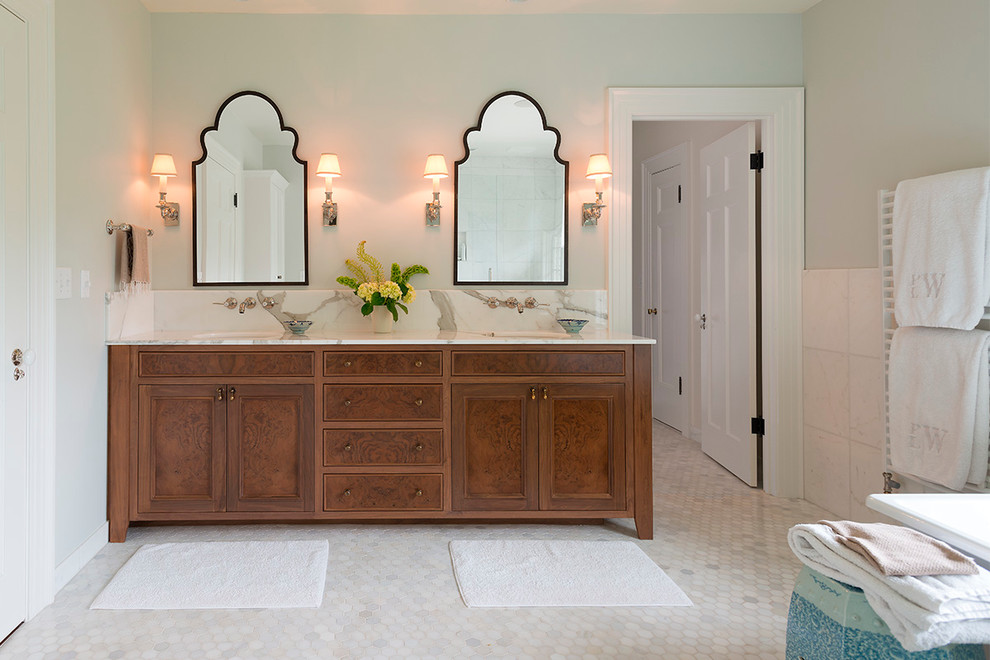 Large elegant master white tile and stone tile mosaic tile floor and white floor freestanding bathtub photo in Portland with an undermount sink, dark wood cabinets, gray walls, marble countertops and recessed-panel cabinets