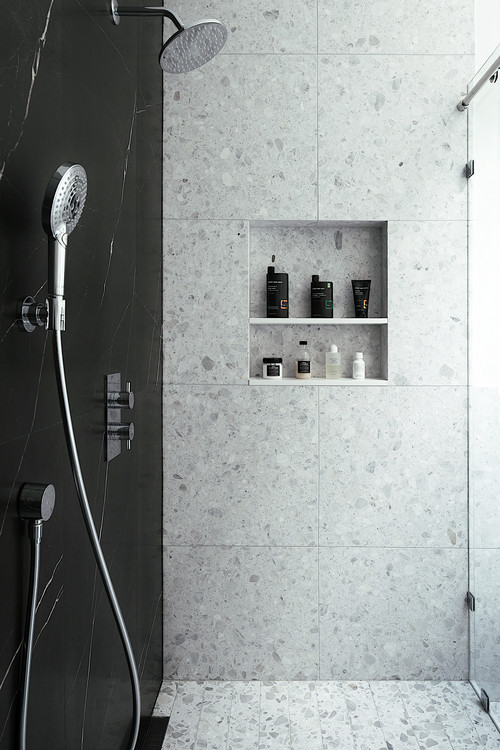 Luminous Minimalism: Black and Gray Tile Shower Design