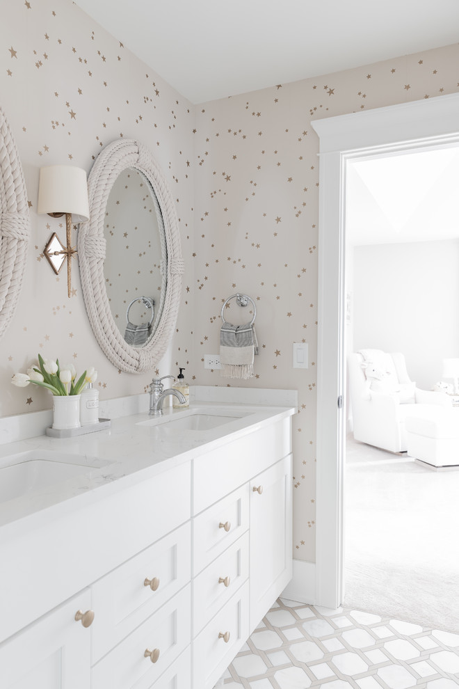 Inspiration for a medium sized country family bathroom in Chicago with shaker cabinets, white cabinets, multi-coloured walls, ceramic flooring, a submerged sink, engineered stone worktops, multi-coloured floors and white worktops.