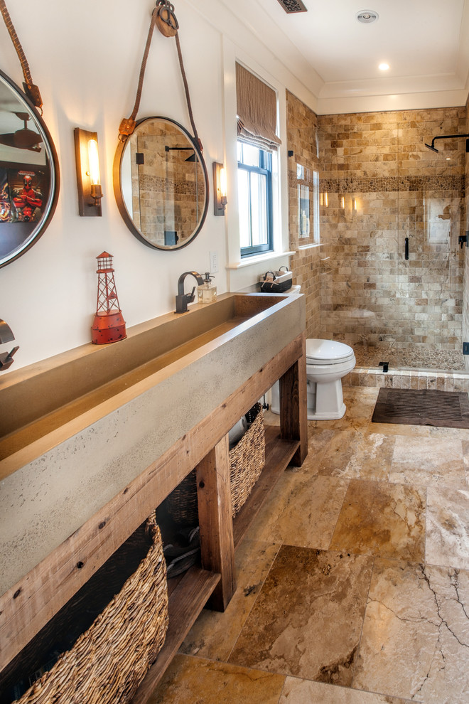 Idéer för att renovera ett stort maritimt badrum med dusch, med en dusch i en alkov, brun kakel, stenkakel, vita väggar, marmorgolv, ett avlångt handfat, öppna hyllor, skåp i mellenmörkt trä, brunt golv och dusch med gångjärnsdörr