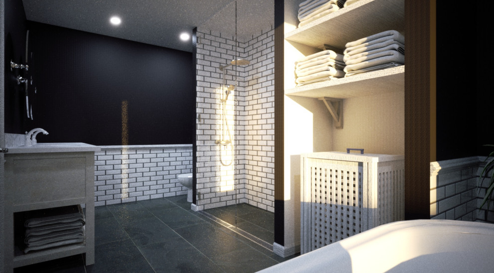 Пример оригинального дизайна: главная ванная комната среднего размера в классическом стиле с фасадами в стиле шейкер, белыми фасадами, ванной на ножках, открытым душем, унитазом-моноблоком, белой плиткой, плиткой кабанчик, черными стенами, полом из сланца, врезной раковиной, столешницей из кварцита, серым полом, открытым душем, серой столешницей, тумбой под две раковины и напольной тумбой