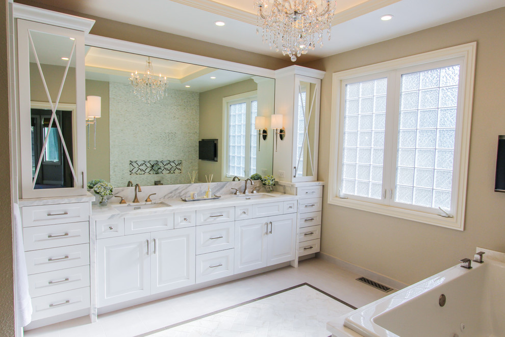 Example of a large classic master white tile and stone tile porcelain tile bathroom design in San Francisco with an undermount sink, shaker cabinets, white cabinets, marble countertops, a one-piece toilet and beige walls