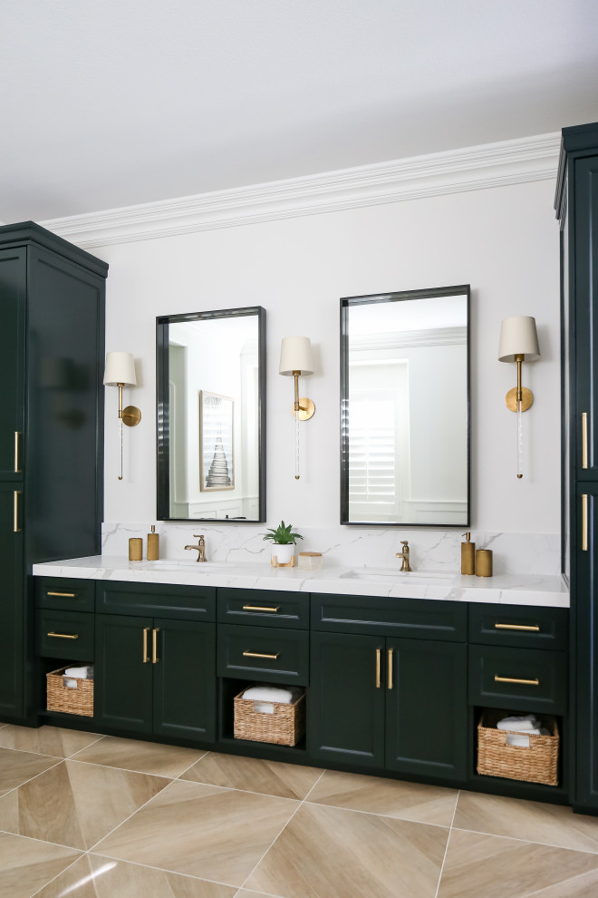 Example of a transitional beige floor bathroom design in Orange County with green cabinets, marble countertops, shaker cabinets and multicolored countertops