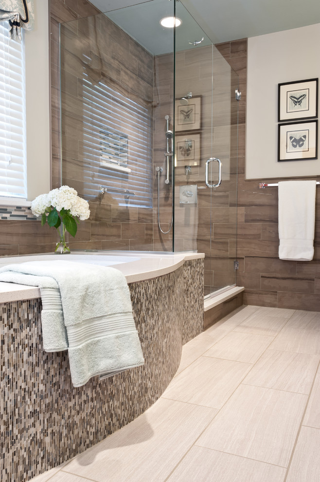 Walk-in shower - large transitional master beige tile and porcelain tile porcelain tile walk-in shower idea in St Louis with an undermount sink, flat-panel cabinets, beige cabinets, an undermount tub and brown walls