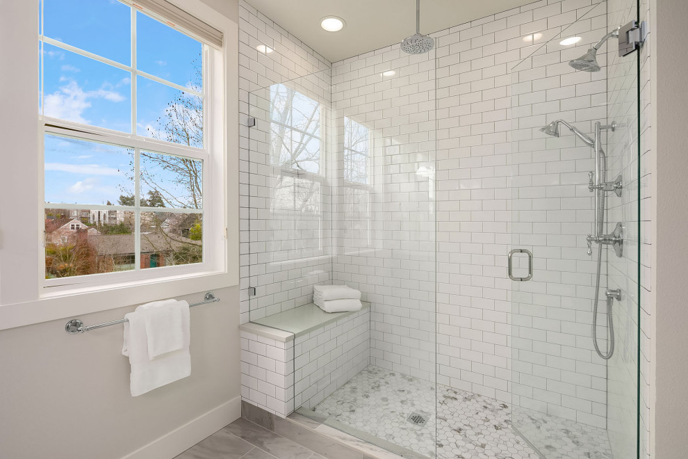 Photo of a large classic ensuite bathroom in Seattle with recessed-panel cabinets, turquoise cabinets, an alcove shower, a one-piece toilet, white tiles, ceramic tiles, white walls, a submerged sink, brown floors, a hinged door, white worktops, double sinks and a built in vanity unit.