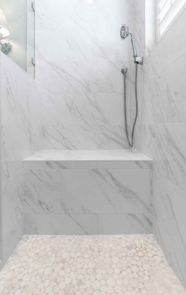 Inspiration for a small transitional master white tile and porcelain tile porcelain tile and beige floor alcove shower remodel in DC Metro with shaker cabinets, gray cabinets, a two-piece toilet, blue walls, an undermount sink, quartz countertops and a hinged shower door