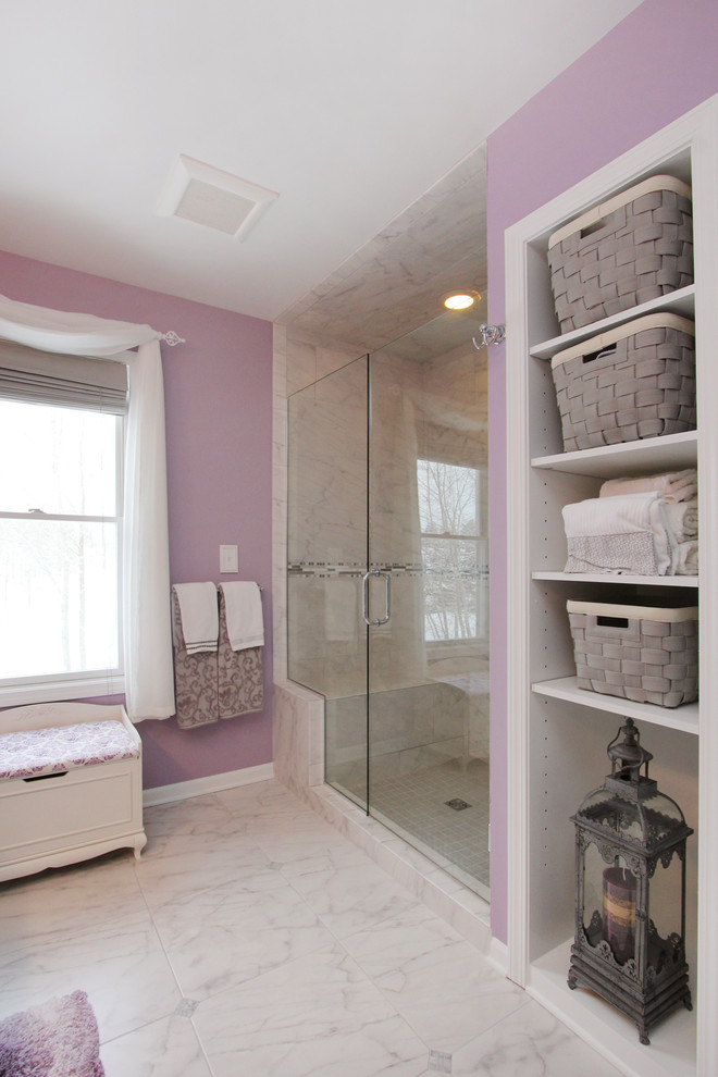 This is an example of a medium sized classic bathroom in Grand Rapids with a submerged sink, white cabinets, an alcove shower, white tiles, ceramic tiles, ceramic flooring, solid surface worktops and purple walls.