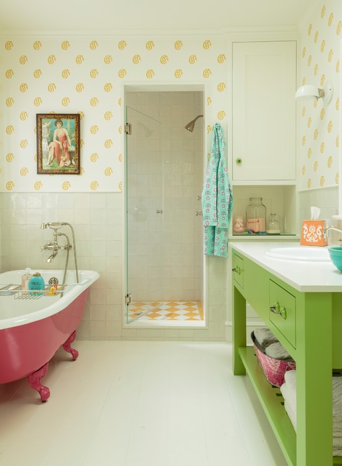 Pink Bathtub and Green Vanity: Vibrant Girls Bathroom Ideas