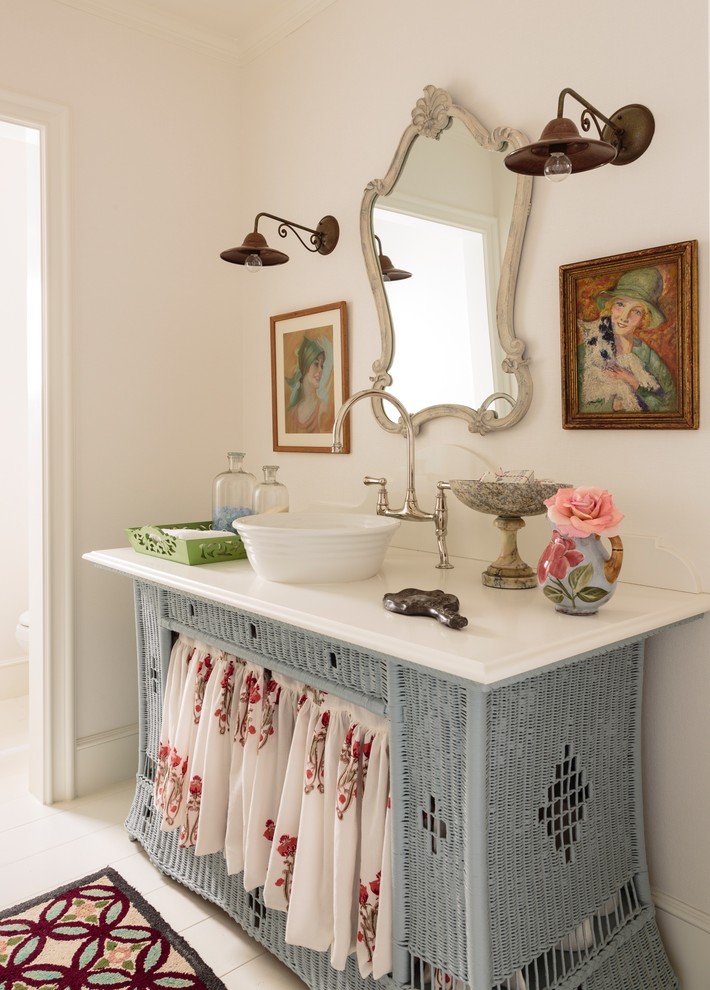 Inspiration for a mid-sized coastal 3/4 painted wood floor bathroom remodel in Los Angeles with a vessel sink, furniture-like cabinets, blue cabinets, quartz countertops and white walls