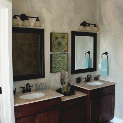 Bathroom - mid-sized traditional master beige tile and ceramic tile ceramic tile bathroom idea in Wichita with an undermount sink, recessed-panel cabinets, dark wood cabinets, granite countertops, a one-piece toilet and multicolored walls