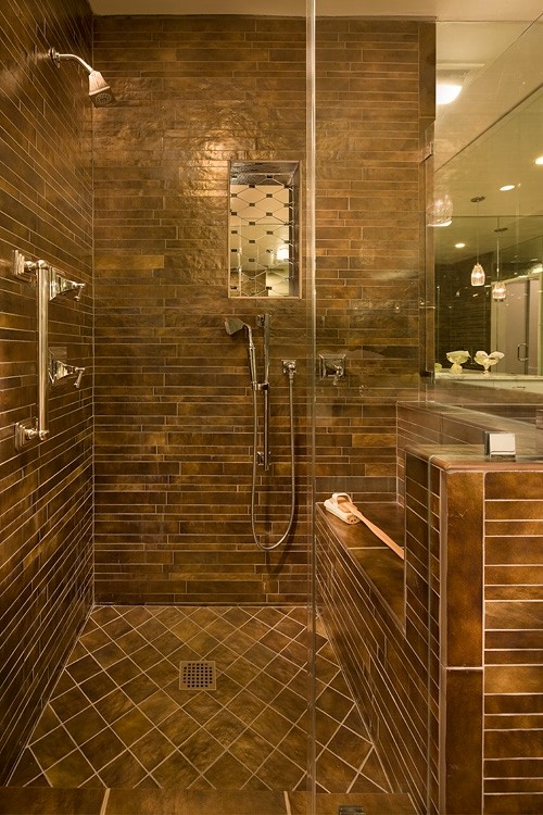 Inspiration for a contemporary master multicolored tile corner shower remodel in New York with beaded inset cabinets, white cabinets and a two-piece toilet