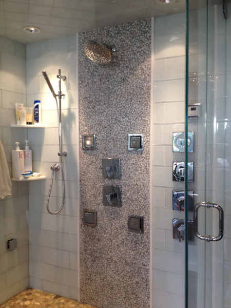 Inspiration for a contemporary master double shower remodel in New York