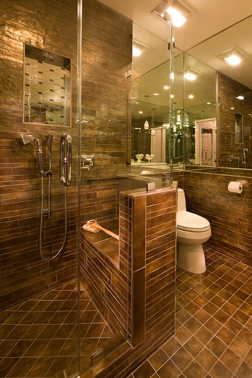Inspiration for a contemporary master multicolored tile corner shower remodel in New York with beaded inset cabinets, white cabinets and a two-piece toilet
