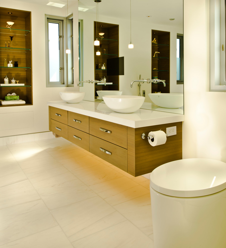 Inspiration for a large contemporary master vinyl floor freestanding bathtub remodel in Vancouver with flat-panel cabinets, medium tone wood cabinets, white walls, a vessel sink and quartzite countertops
