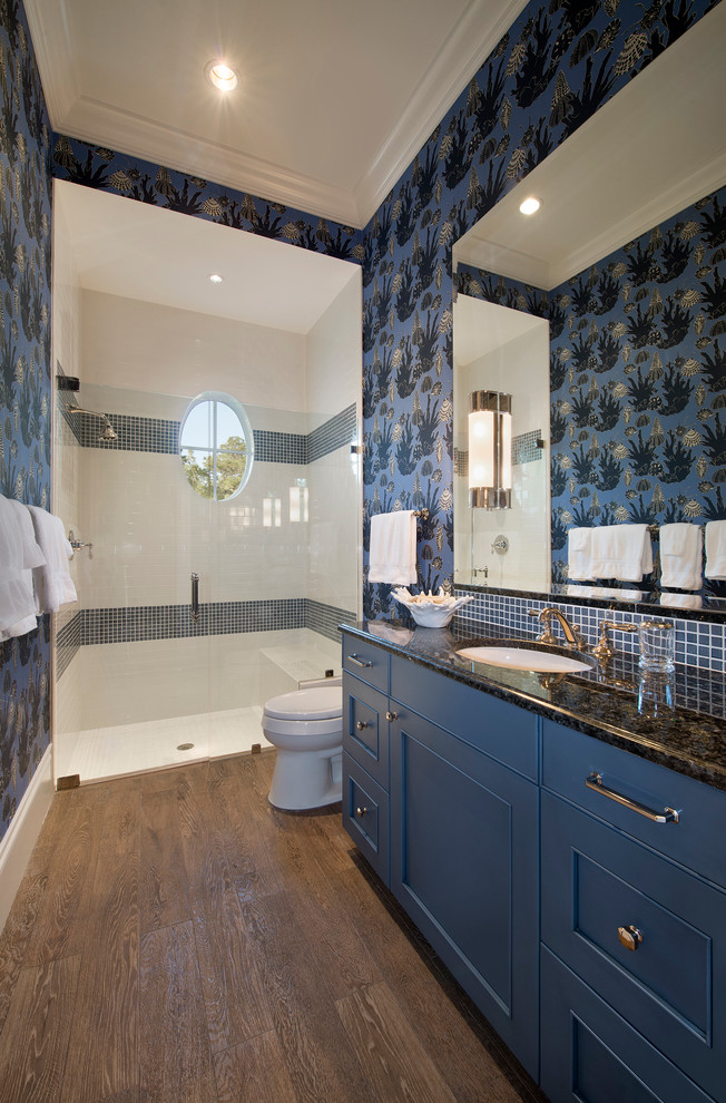 На фото: ванная комната среднего размера в морском стиле с фасадами с декоративным кантом, синими фасадами, душем в нише, раздельным унитазом, синей плиткой, белой плиткой, плиткой мозаикой, синими стенами, темным паркетным полом, душевой кабиной, врезной раковиной и столешницей из гранита