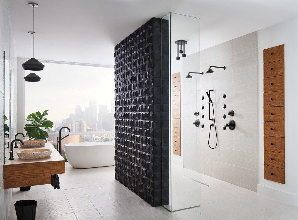 This is an example of a large contemporary ensuite bathroom in Other with medium wood cabinets, a freestanding bath, a walk-in shower, black tiles, white tiles, porcelain tiles, white walls, porcelain flooring, a vessel sink, wooden worktops, beige floors, an open shower and brown worktops.