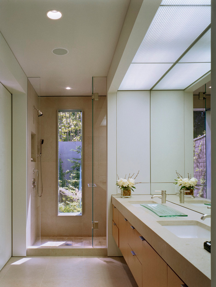 Bathroom - modern bathroom idea in Seattle with wood countertops