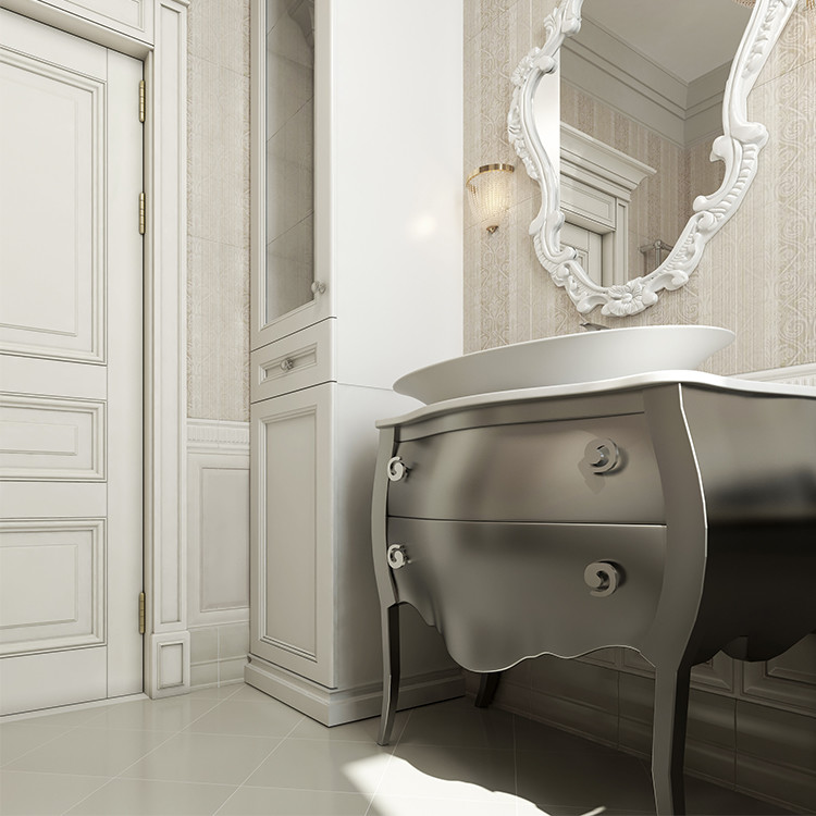 Idee per una stanza da bagno tradizionale di medie dimensioni con ante lisce, ante grigie, pareti bianche, pavimento in gres porcellanato, lavabo a bacinella e top in quarzo composito