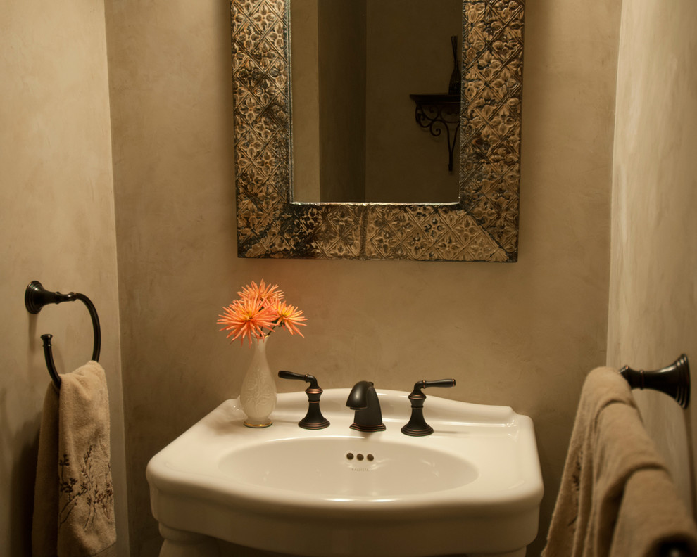 Small traditional shower room bathroom in New York with a pedestal sink and beige walls.