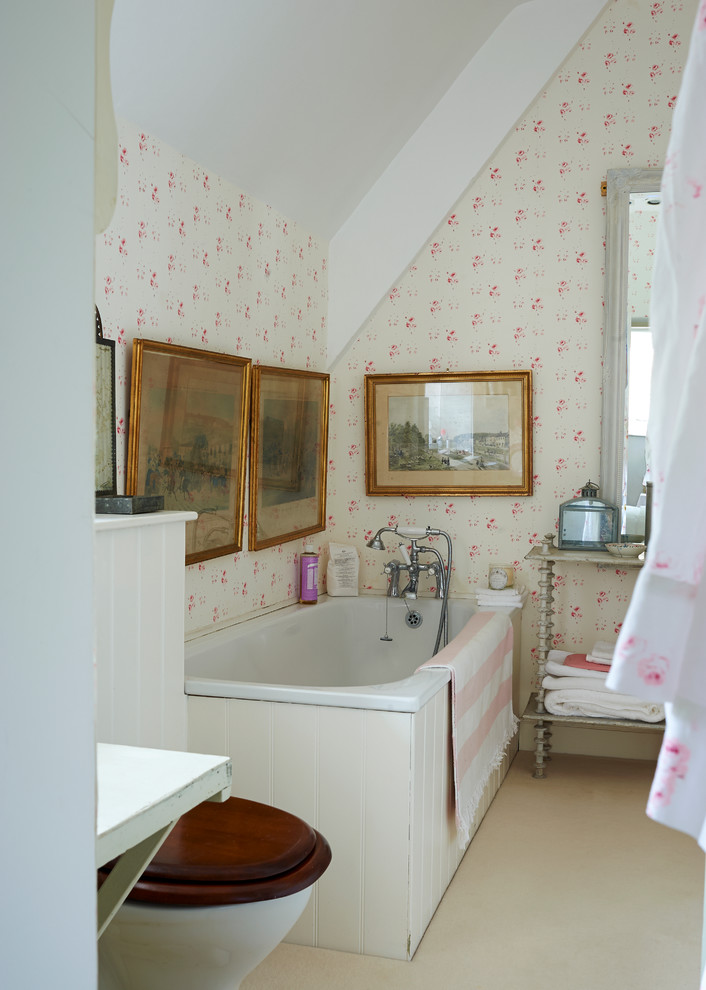 Design ideas for a farmhouse bathroom with multi-coloured walls and a built-in bath.