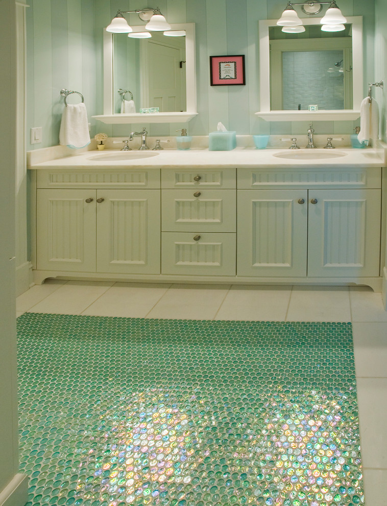 Inspiration for a large timeless kids' beige tile and stone tile mosaic tile floor bathroom remodel in Chicago with recessed-panel cabinets, white cabinets, a two-piece toilet, blue walls, an undermount sink and granite countertops