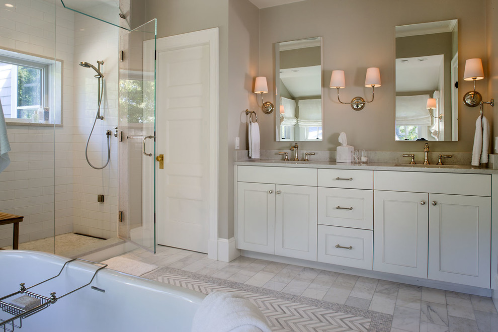 Large transitional white tile and stone tile marble floor bathroom photo in Boston with an undermount sink, beaded inset cabinets, white cabinets, quartz countertops and gray walls
