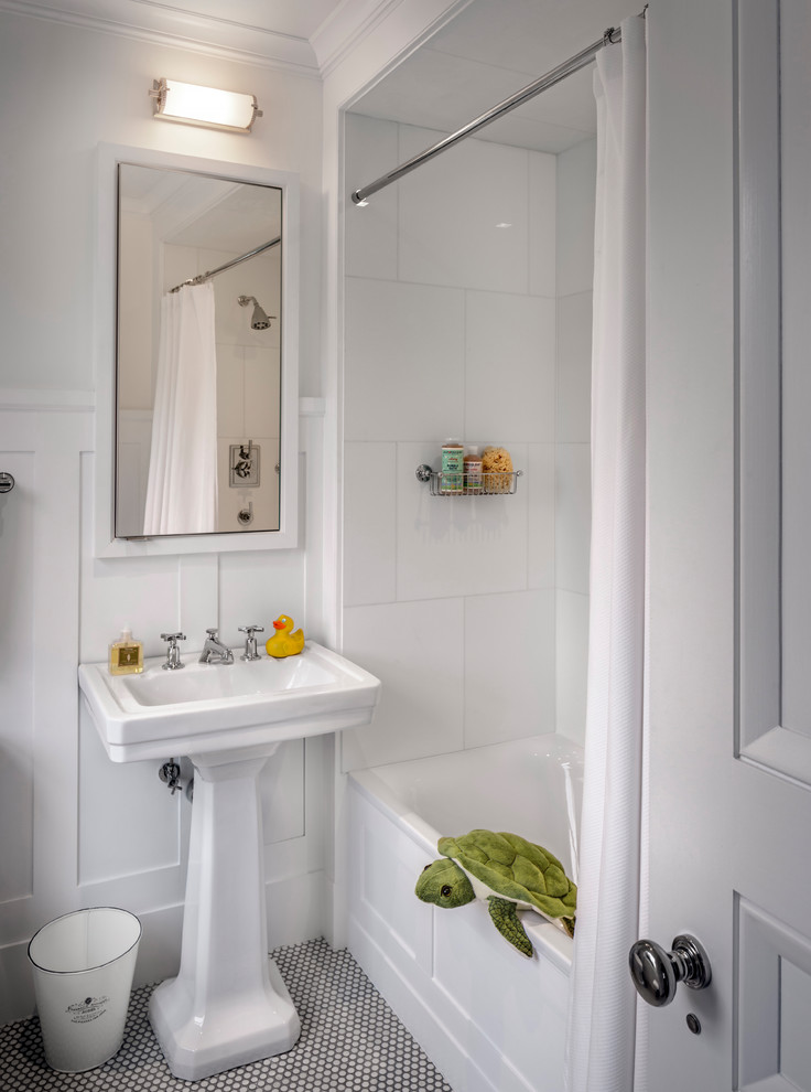 Design ideas for a classic family bathroom in New York with a shower/bath combination, glass tiles, white walls, ceramic flooring, a pedestal sink, blue floors and a shower curtain.
