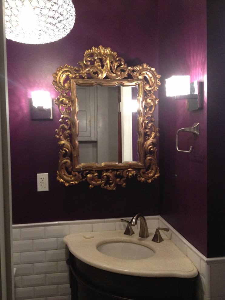 Small 1950s 3/4 white tile and ceramic tile bathroom photo in Boston with purple walls and an undermount sink