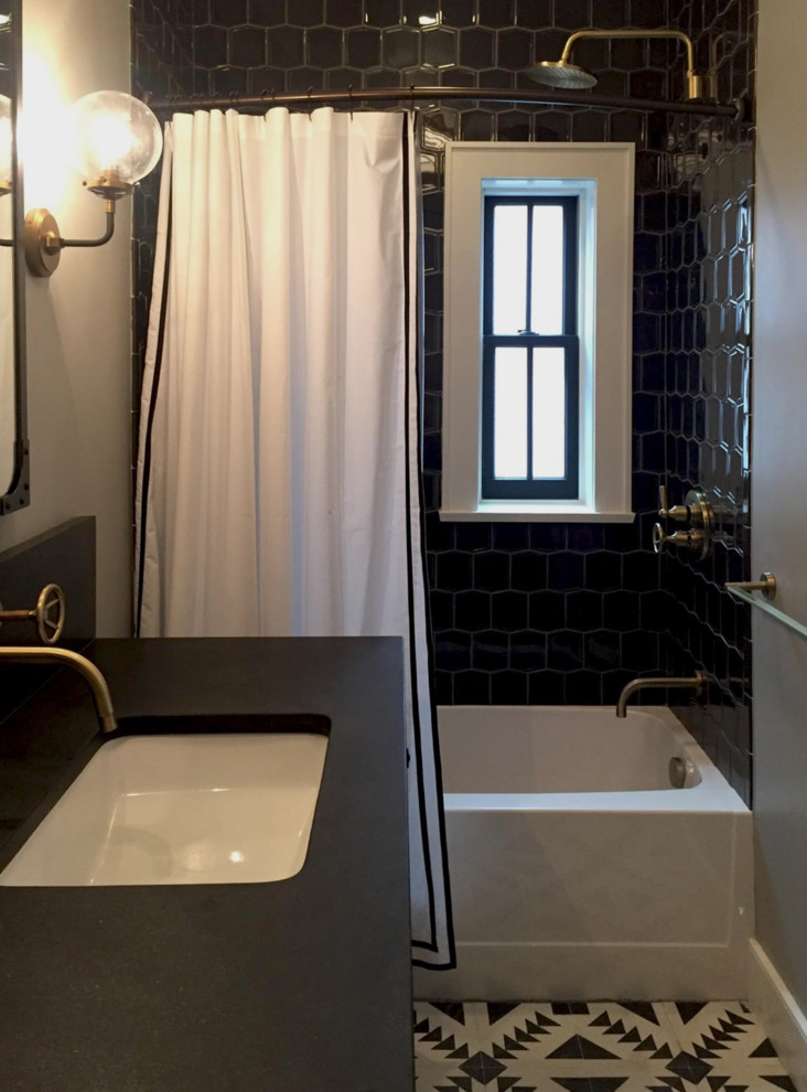 Example of a small urban kids' black tile and ceramic tile cement tile floor and black floor bathroom design in New York with furniture-like cabinets, black cabinets, a two-piece toilet, beige walls, an undermount sink, soapstone countertops and brown countertops