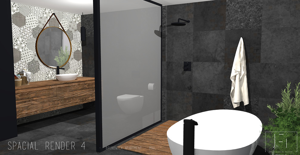Idéer för mellanstora minimalistiska en-suite badrum, med släta luckor, skåp i mellenmörkt trä, ett fristående badkar, en öppen dusch, en vägghängd toalettstol, svart kakel, porslinskakel, svarta väggar, klinkergolv i porslin, ett fristående handfat och träbänkskiva
