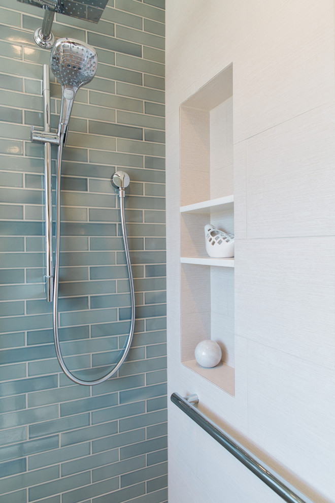 Corner shower - large modern master blue tile and ceramic tile ceramic tile corner shower idea in San Francisco with flat-panel cabinets, white walls, an undermount sink and quartz countertops
