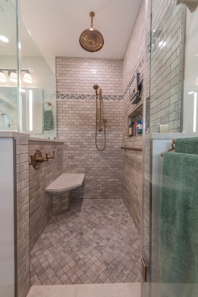 Mid-sized elegant master beige tile and marble tile porcelain tile and beige floor corner shower photo in Philadelphia with furniture-like cabinets, green cabinets, a one-piece toilet, gray walls, an undermount sink, quartz countertops, a hinged shower door and beige countertops