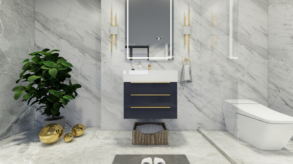 Modelo de cuarto de baño único y de pie minimalista pequeño con armarios estilo shaker, puertas de armario grises, aseo y ducha, lavabo de seno grande, encimera de piedra caliza y encimeras blancas