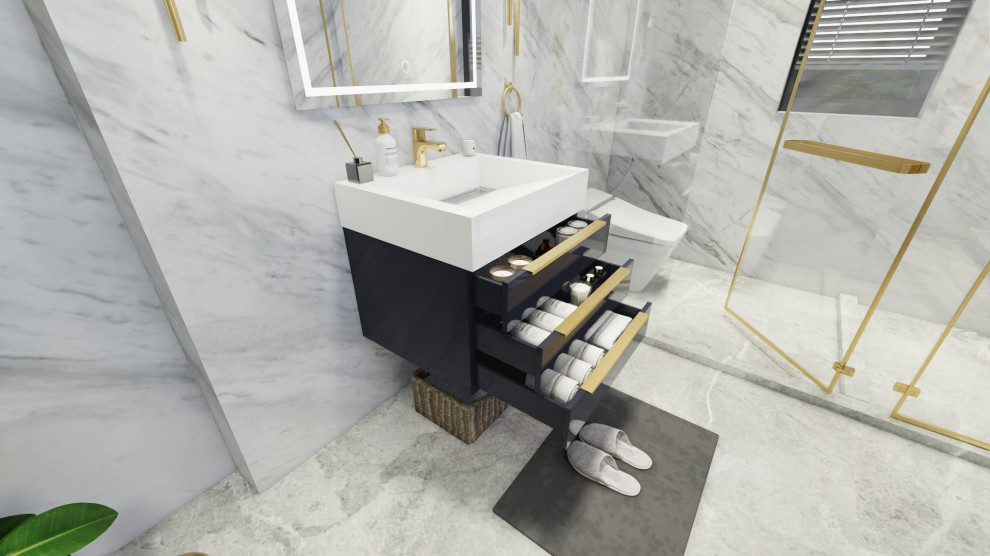 Modelo de cuarto de baño único y de pie moderno pequeño con armarios estilo shaker, puertas de armario grises, aseo y ducha, lavabo de seno grande, encimera de piedra caliza y encimeras blancas