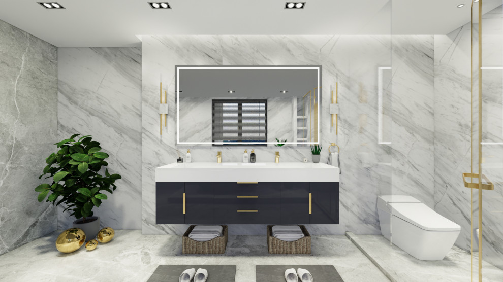 Foto på ett stort funkis vit en-suite badrum, med skåp i shakerstil, grå skåp, ett avlångt handfat och bänkskiva i kalksten