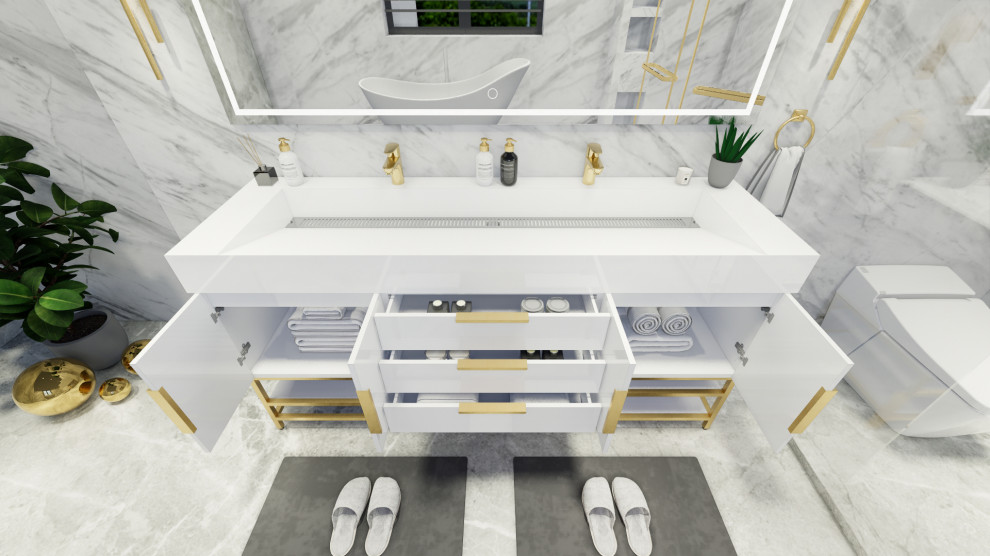 Cette photo montre une grande salle de bain principale moderne avec un placard à porte shaker, des portes de placard grises, une grande vasque, un plan de toilette en calcaire, un plan de toilette blanc, meuble simple vasque et meuble-lavabo sur pied.