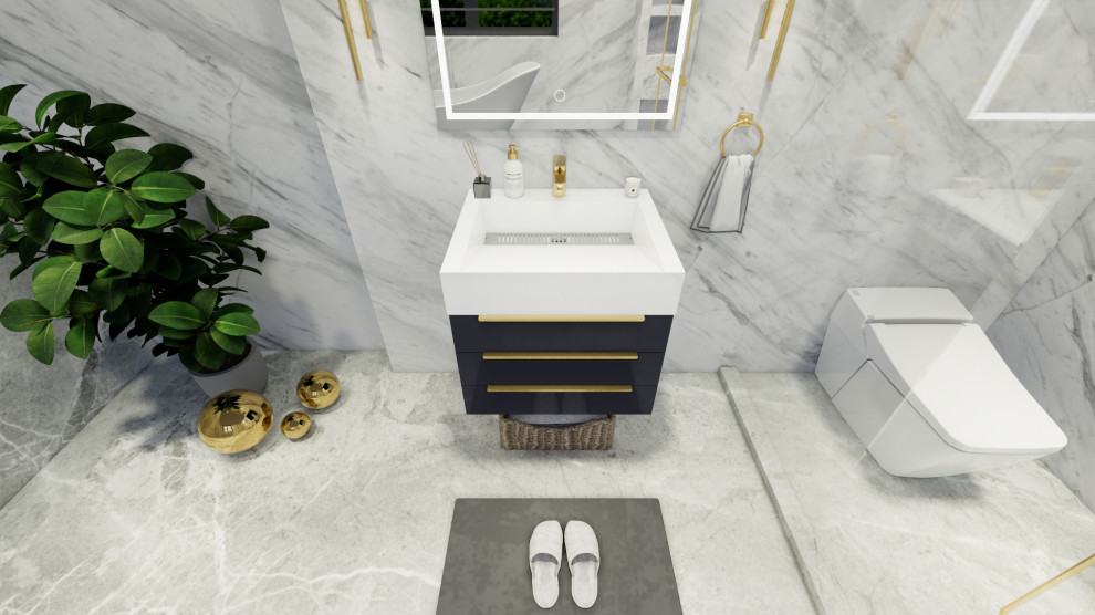 Foto di una piccola stanza da bagno con doccia minimalista con ante in stile shaker, ante grigie, lavabo rettangolare, top in pietra calcarea, top bianco, un lavabo e mobile bagno freestanding