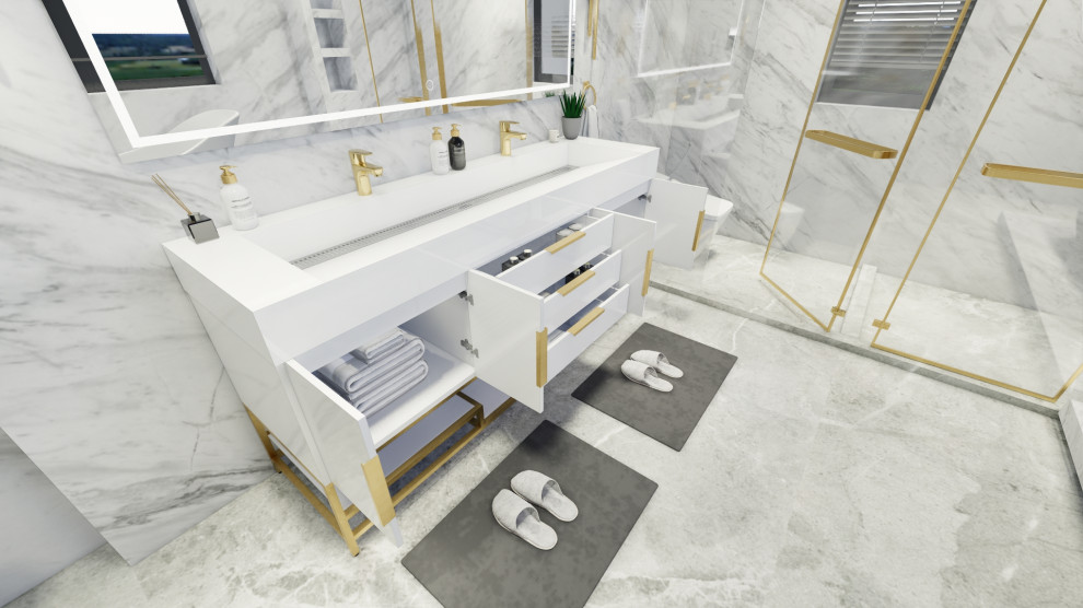 This is an example of a large modern ensuite bathroom in Los Angeles with shaker cabinets, grey cabinets, a trough sink, limestone worktops, white worktops, a single sink and a freestanding vanity unit.