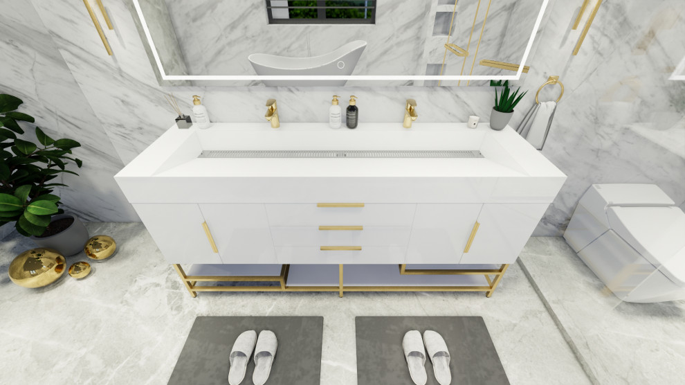 Cette image montre une grande salle de bain principale minimaliste avec un placard à porte shaker, des portes de placard grises, une grande vasque, un plan de toilette en calcaire, un plan de toilette blanc, meuble simple vasque et meuble-lavabo sur pied.