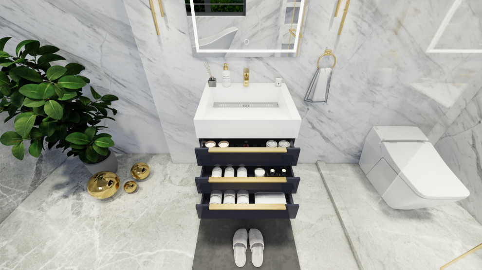 Kleines Modernes Duschbad mit Schrankfronten im Shaker-Stil, grauen Schränken, Trogwaschbecken, Kalkstein-Waschbecken/Waschtisch, weißer Waschtischplatte, Einzelwaschbecken und freistehendem Waschtisch in Los Angeles