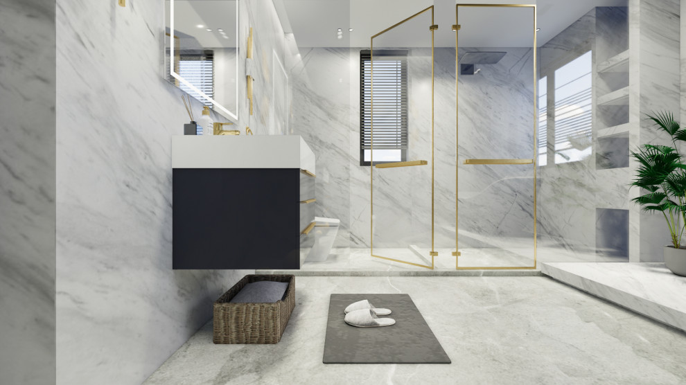 Esempio di una piccola stanza da bagno con doccia minimalista con ante in stile shaker, ante grigie, lavabo rettangolare, top in pietra calcarea, top bianco, un lavabo e mobile bagno freestanding
