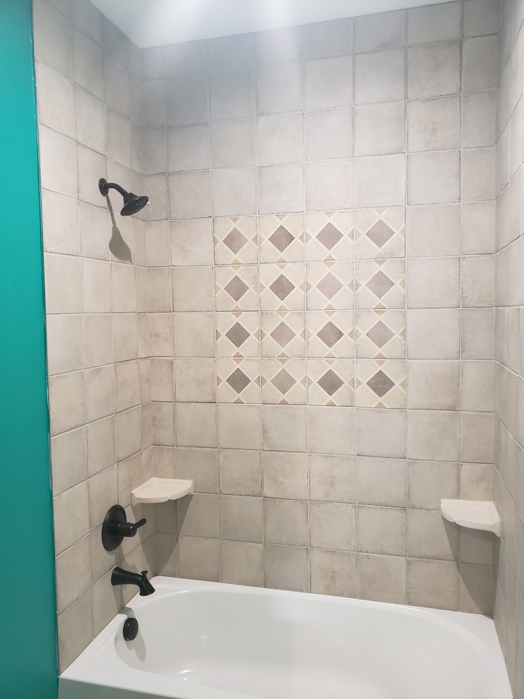 Bathroom - mid-sized southwestern kids' beige tile and cement tile ceramic tile and beige floor bathroom idea in DC Metro with recessed-panel cabinets and gray cabinets