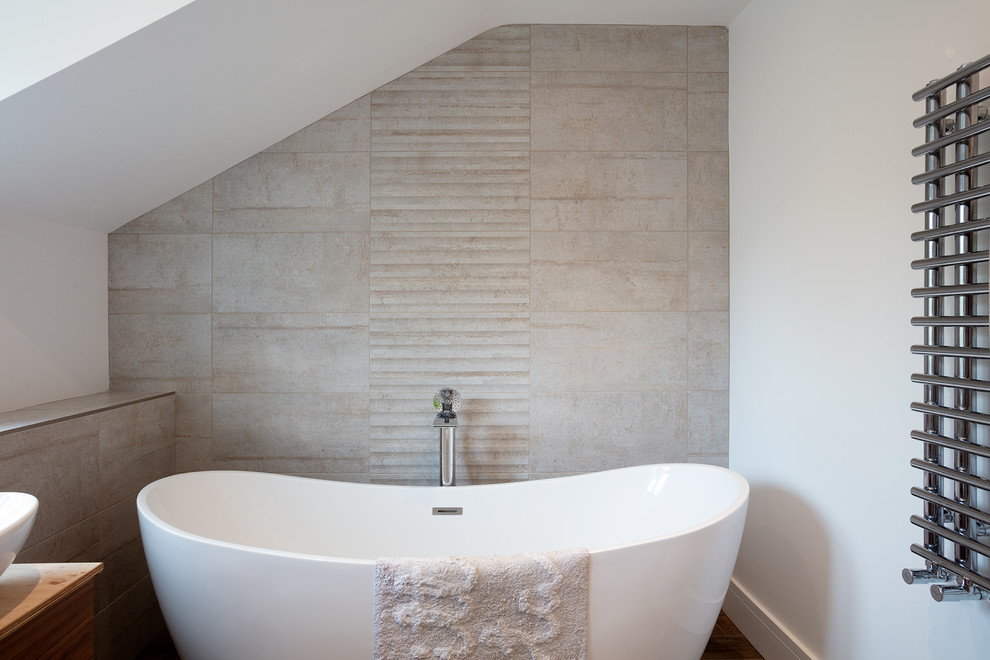 Photo of a large contemporary family bathroom in Berkshire with a freestanding bath.