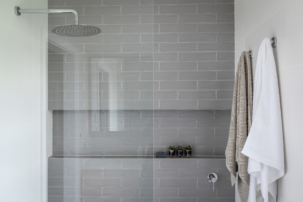 Inspiration for a contemporary master gray tile and subway tile cement tile floor and multicolored floor bathroom remodel in Sydney with gray walls