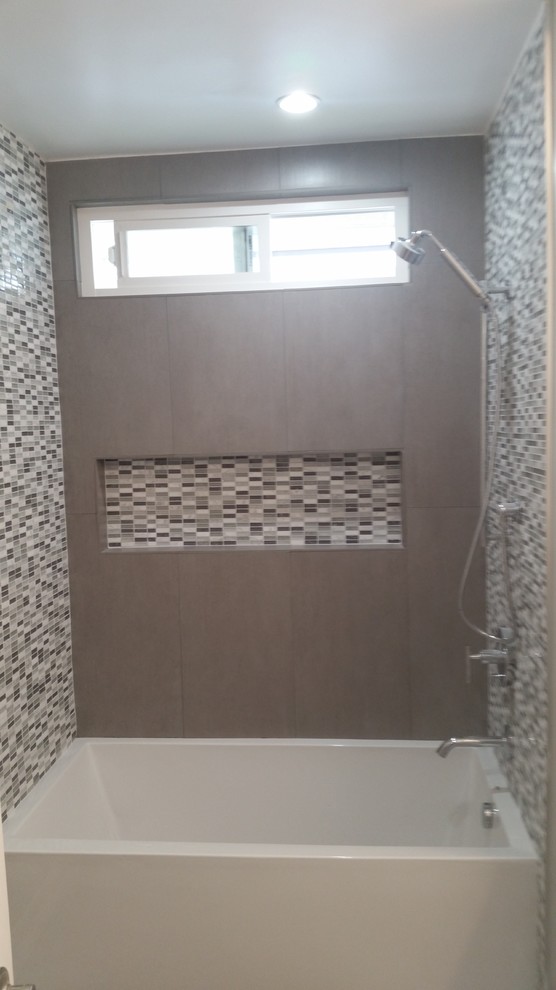 Inspiration for a small traditional shower room bathroom in Los Angeles with open cabinets, white cabinets, an alcove bath, an alcove shower, grey tiles, a hinged door, matchstick tiles, grey walls, concrete flooring, a submerged sink, concrete worktops, grey floors and grey worktops.